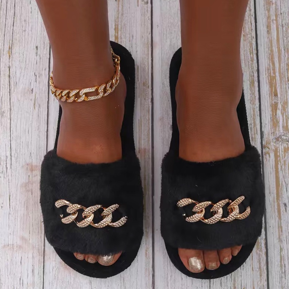 White Flat Fuzzy Slippers Sandals With Gold Chain Decor - Picture 4 of 5